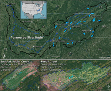 Map of the Tennessee River Basin that highlights the watersheds WaDE is studying, including the basin, East Fork Poplar Creek, and Reedy Creek.