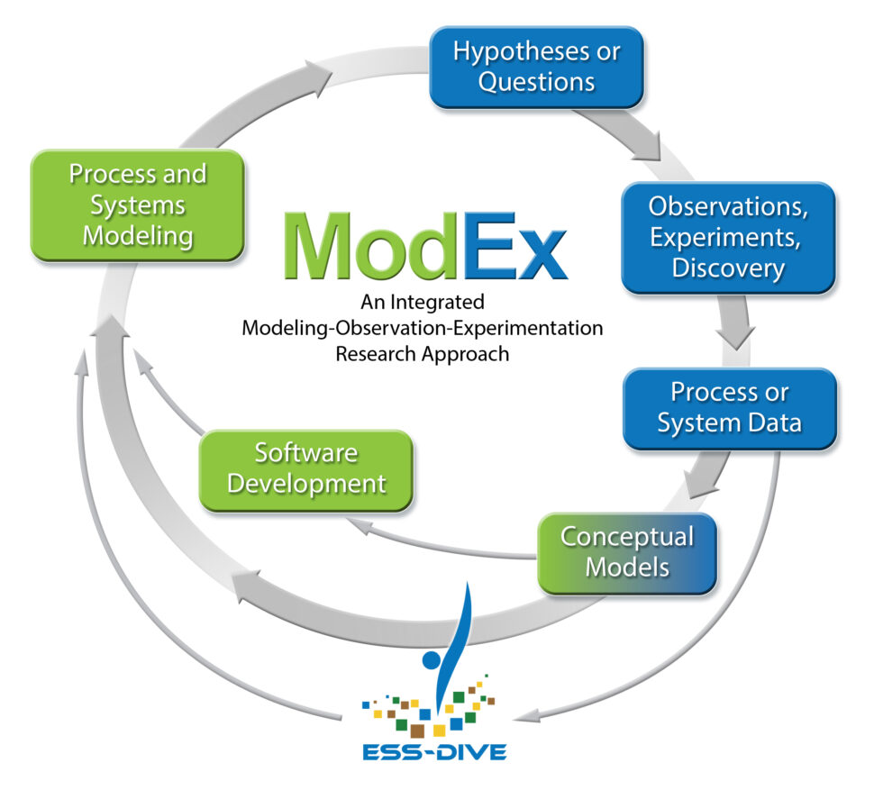 Diagram of the integrated modeling-observation-experimentation (ModEx) research approach. A circular diagram that flows from: (1) hypotheses or questions; (2) observations, experiments, discovery; (3) process or system data; (4) ESS-DIVE or conceptual models; (5) software development; and (6) process and systems modeling.