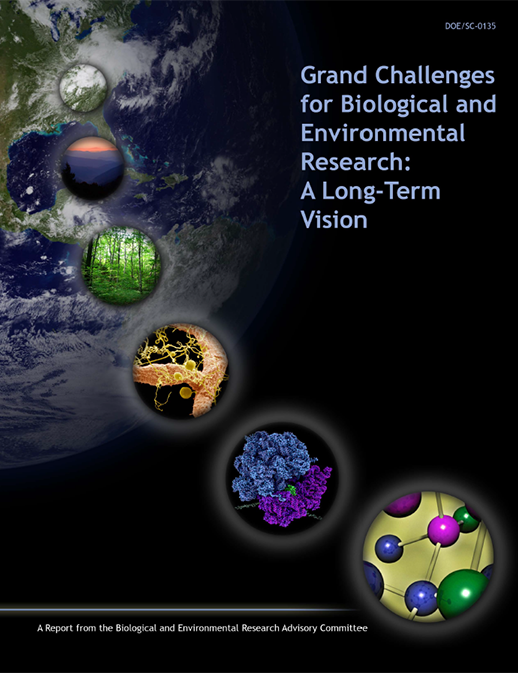 Cover of Grand Challenges for Biological and Environmental Research: A Long-Term Vision Workshop Report.